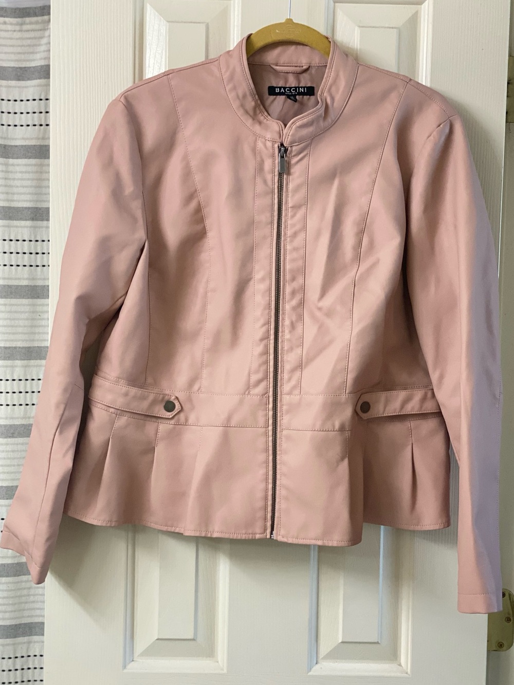 Baccini Pink Zip-Front Peplum Faux Leather Jacket Blazer Size XL
